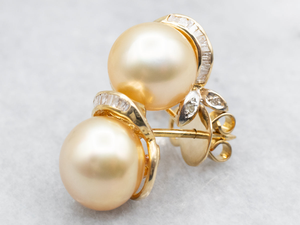 Champagne Pearl Diamond and Gold Statement Earrings