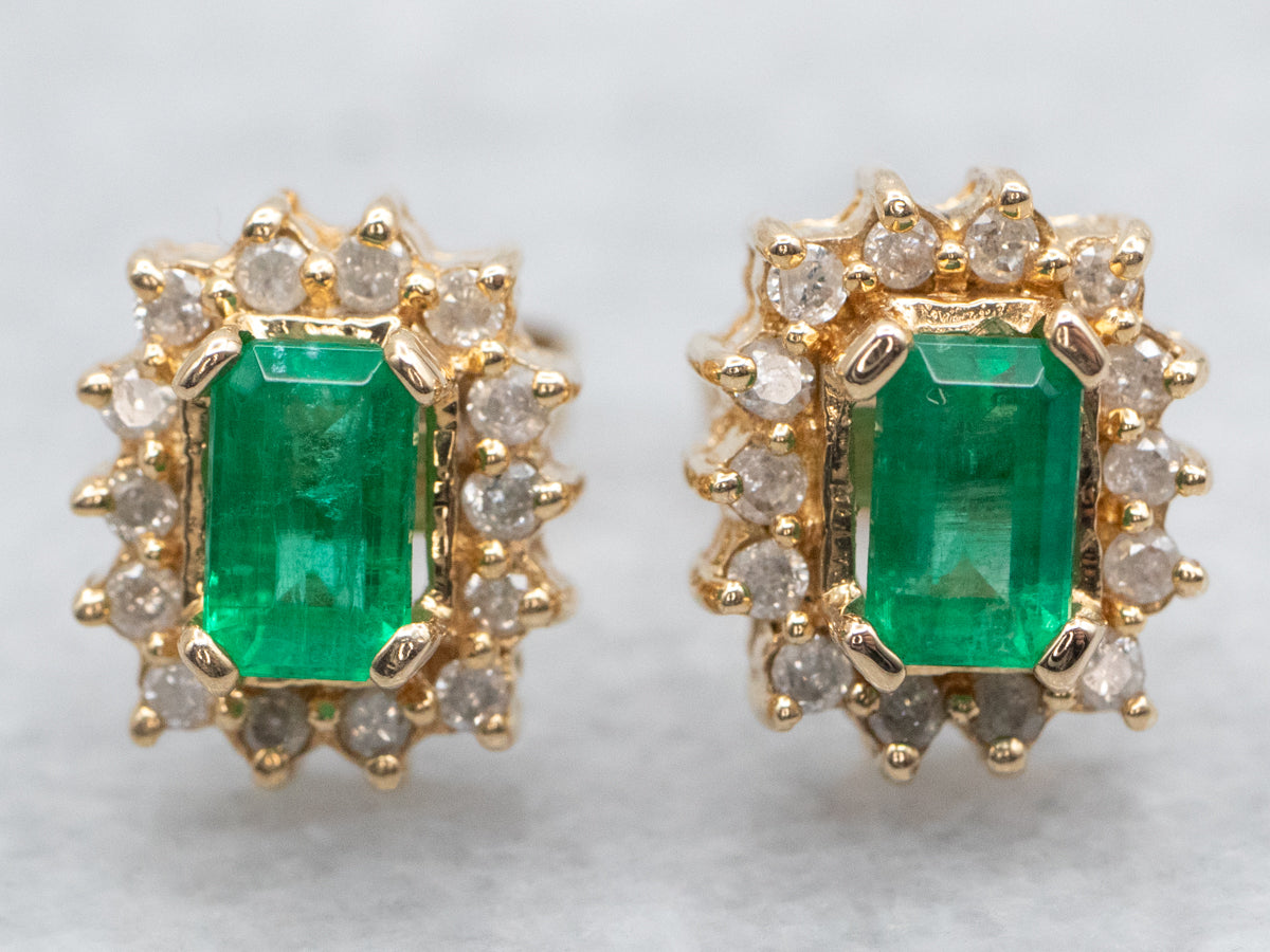 Gold Emerald and Diamond Halo Stud Earrings