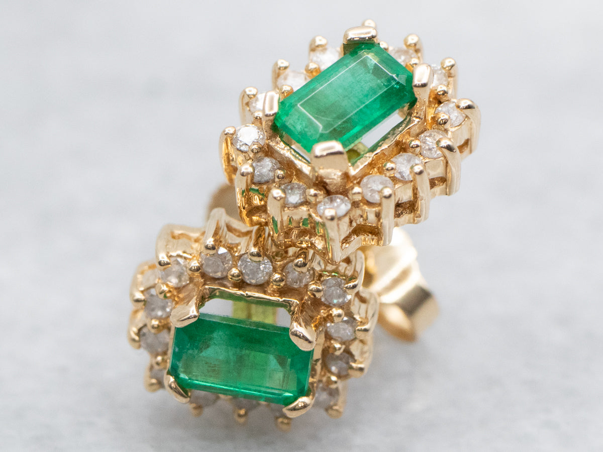 Gold Emerald and Diamond Halo Stud Earrings