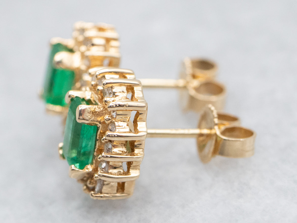 Gold Emerald and Diamond Halo Stud Earrings