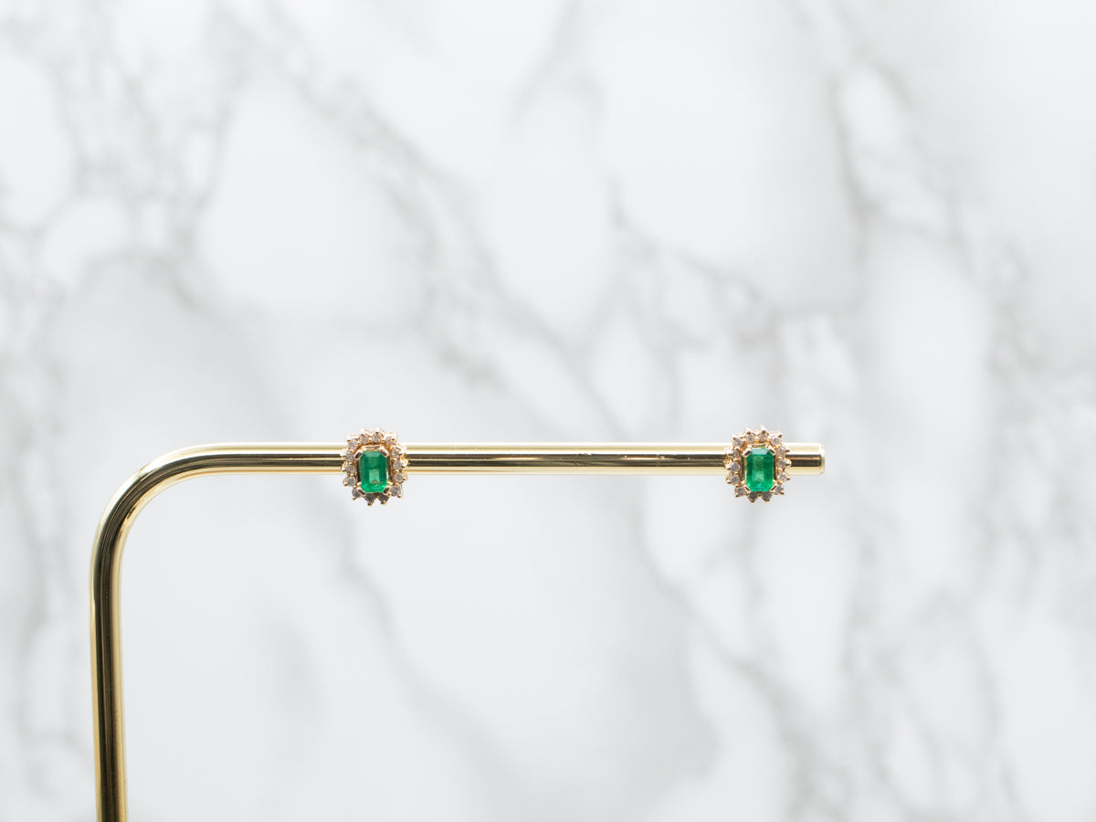 Gold Emerald and Diamond Halo Stud Earrings