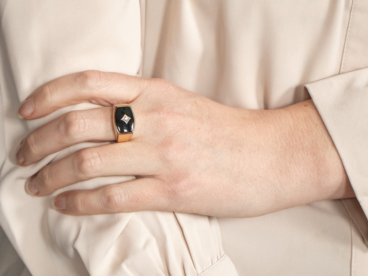 Men's Mid-Century Black Onyx and Diamond Ring