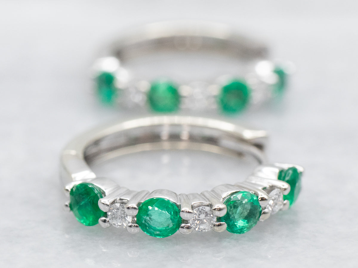 Polished Gold Emerald and Diamond Hoop Earrings