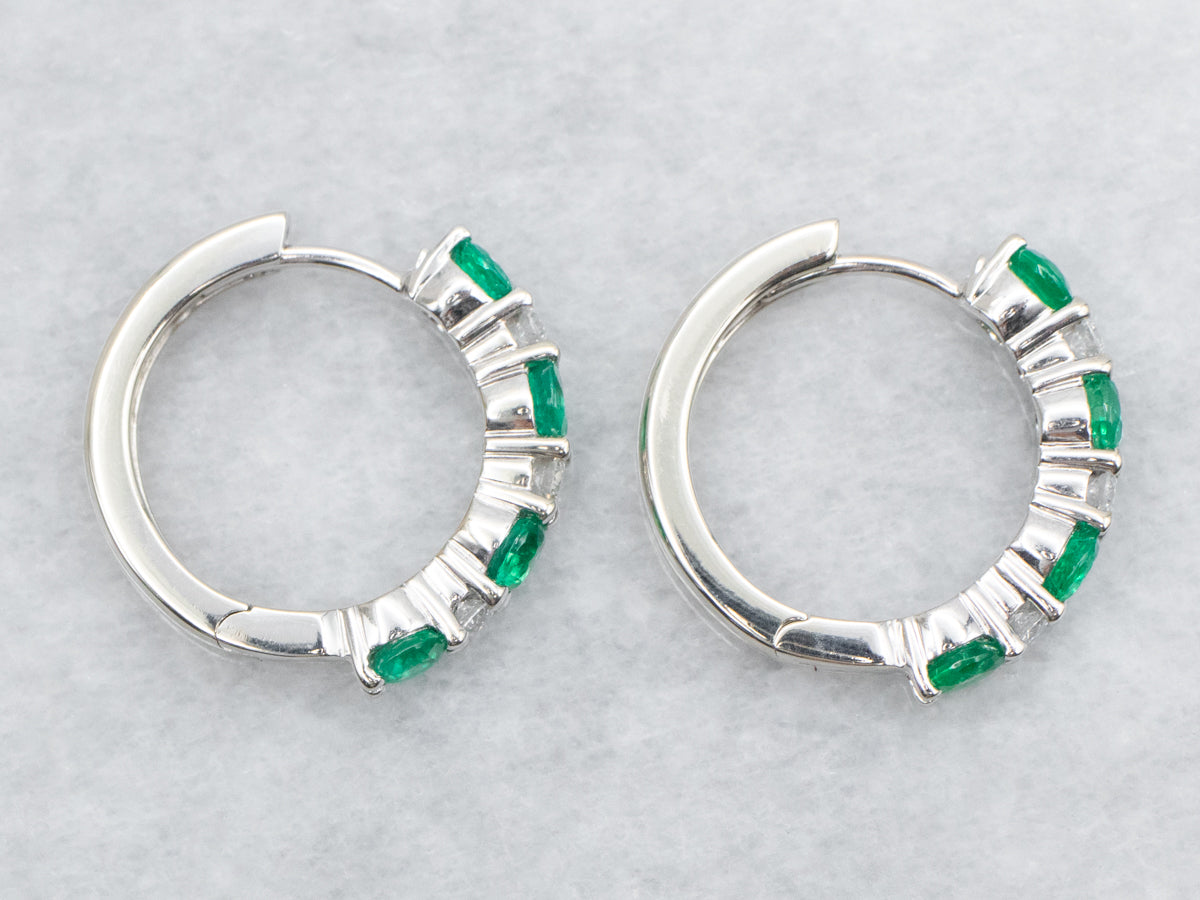 Polished Gold Emerald and Diamond Hoop Earrings