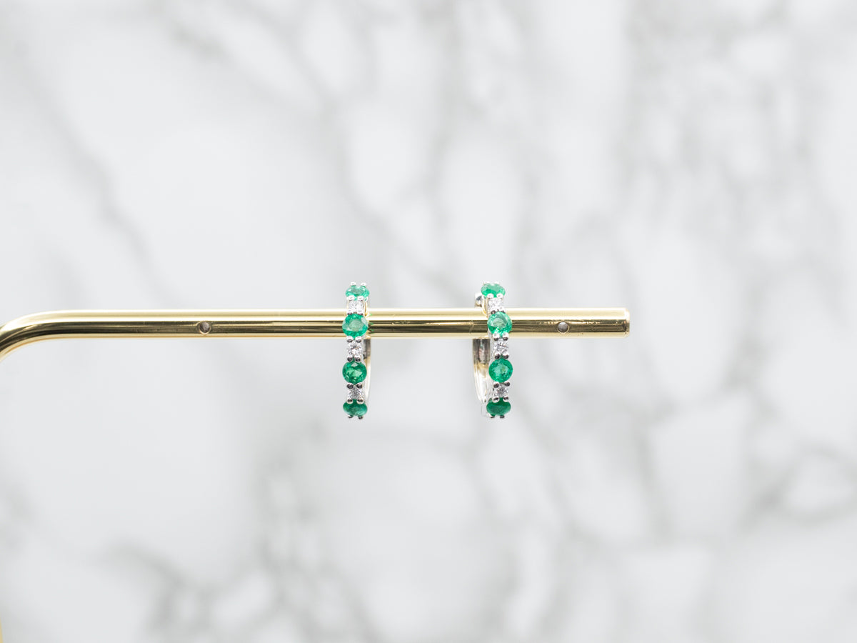 Polished Gold Emerald and Diamond Hoop Earrings