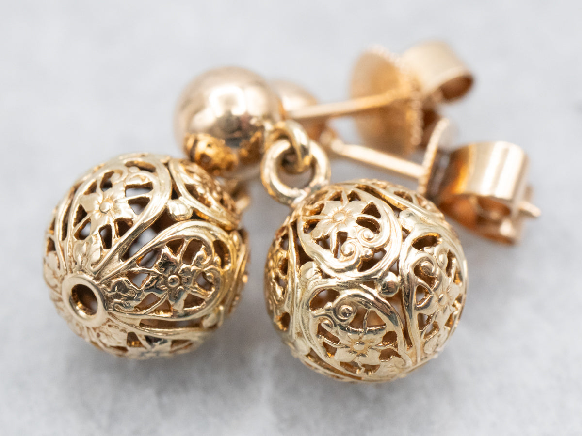 Yellow Gold Floral Filigree Ball Drop Earrings
