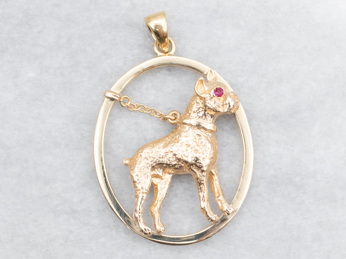 Yellow Gold Boxer Dog Pendant with Ruby Eye