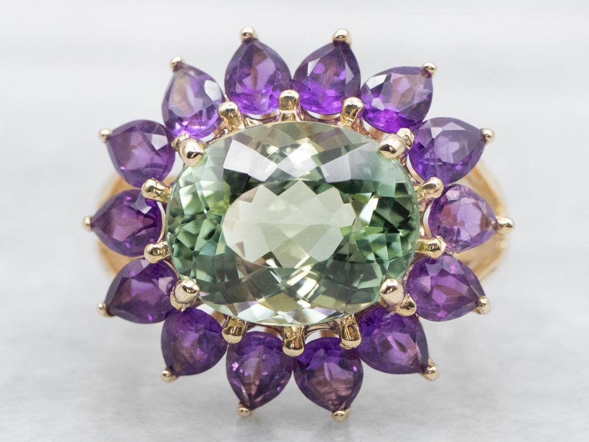 East to West Green Tourmaline and Amethyst Halo Ring