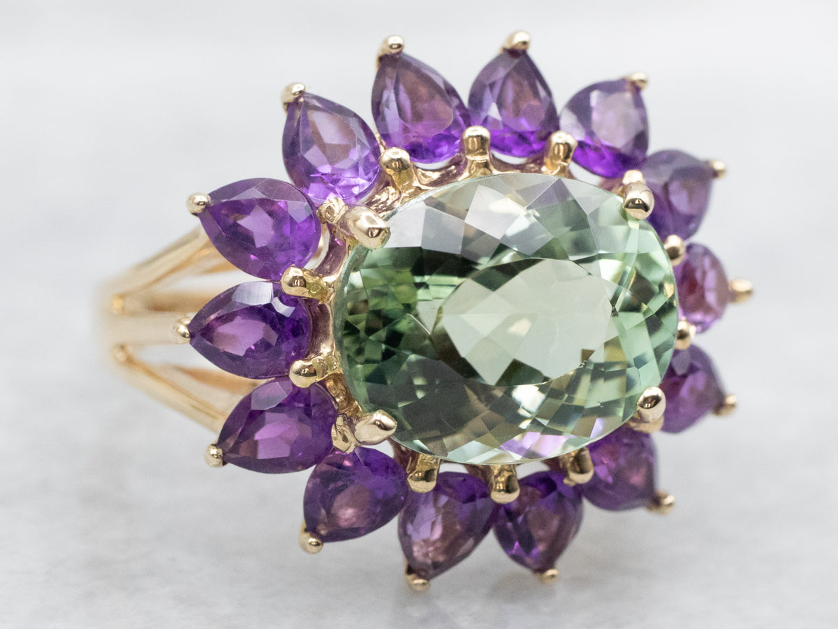 East to West Green Tourmaline and Amethyst Halo Ring