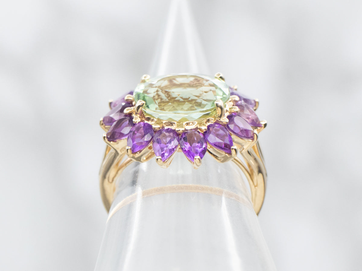 East to West Green Tourmaline and Amethyst Halo Ring