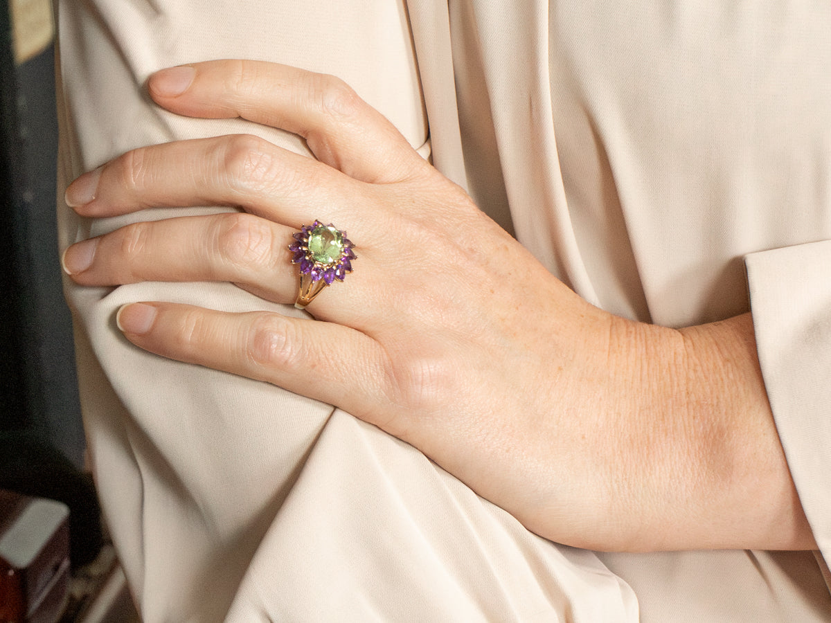 East to West Green Tourmaline and Amethyst Halo Ring