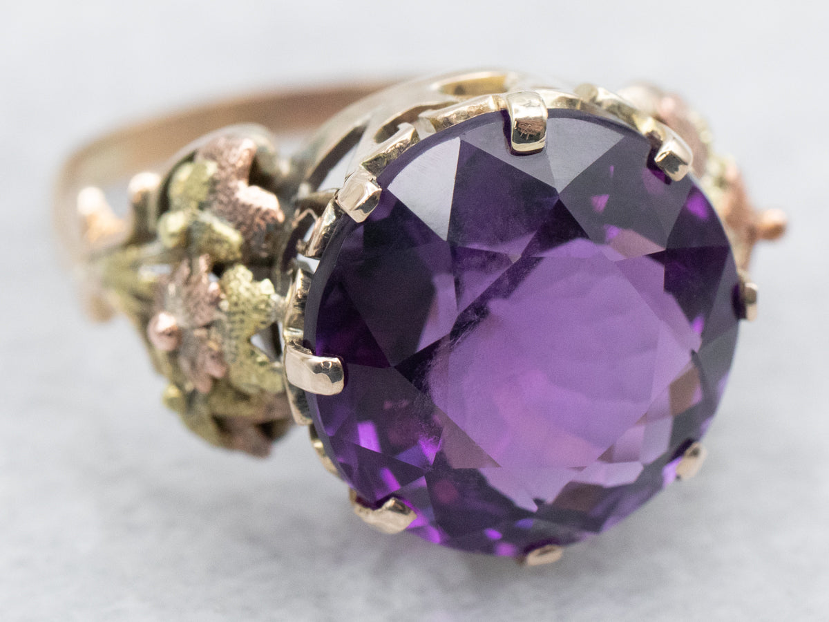 Botanical Tri-Color Gold Amethyst Ring