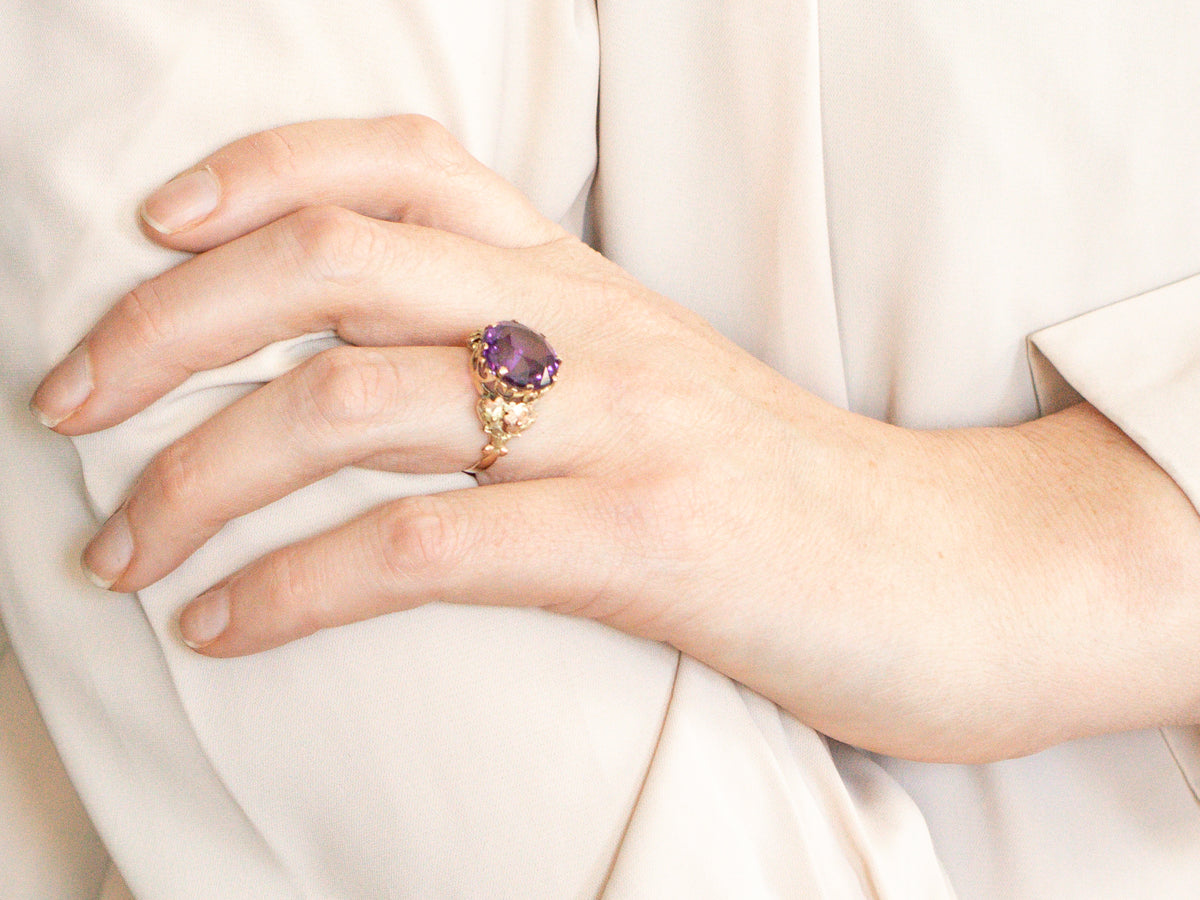 Botanical Tri-Color Gold Amethyst Ring