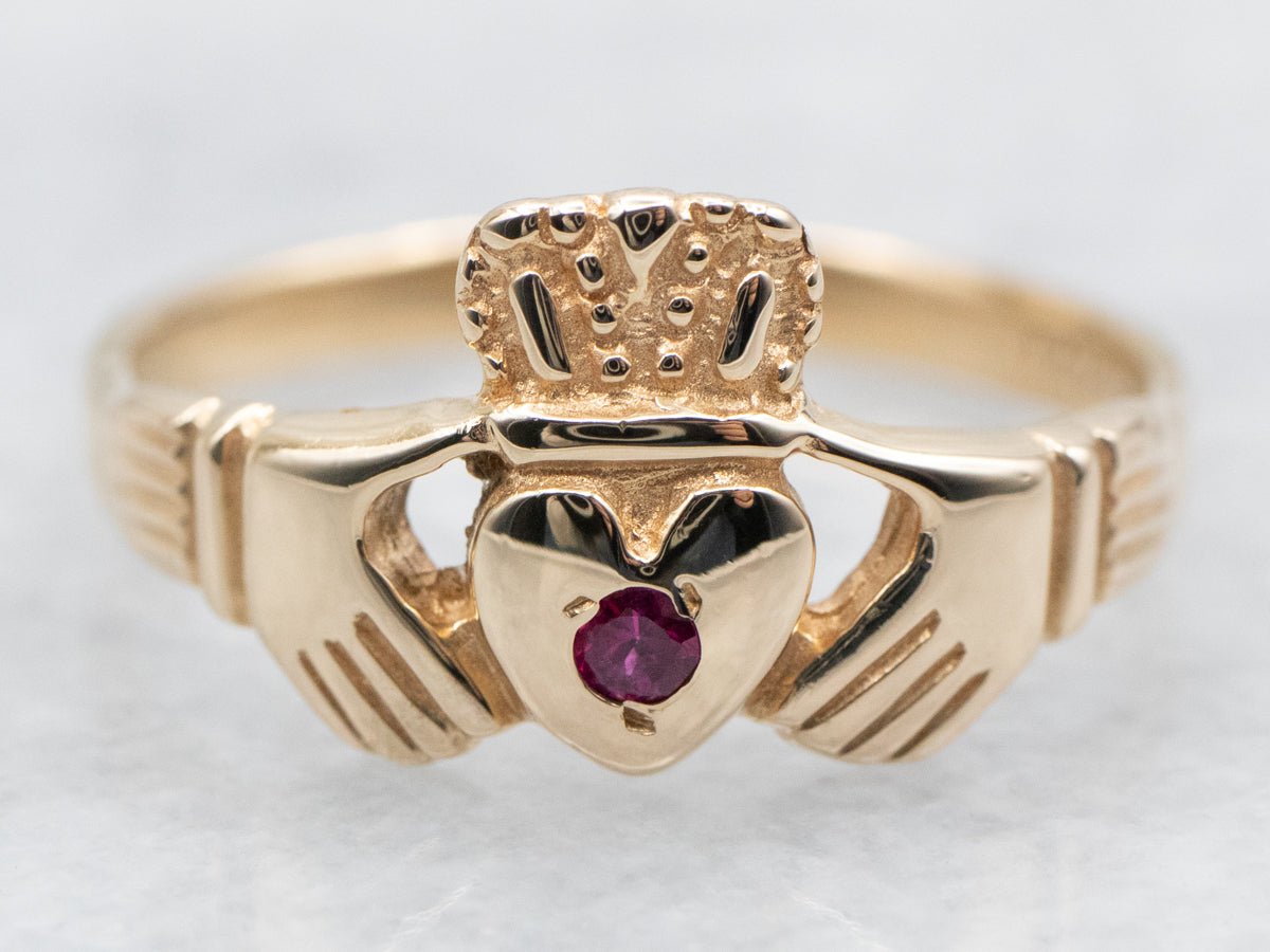 Claddagh Ring with Synthetic Ruby Accent