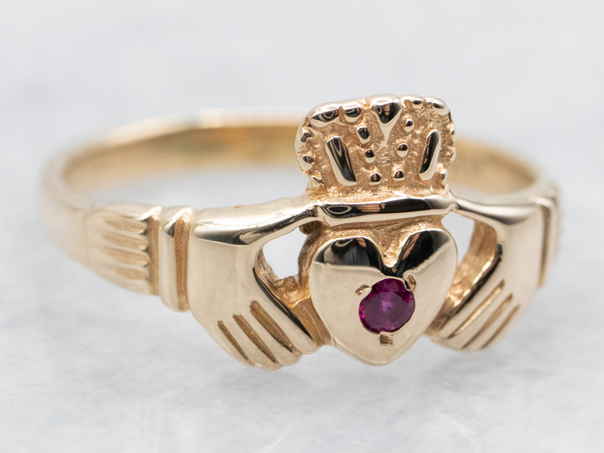 Claddagh Ring with Synthetic Ruby Accent