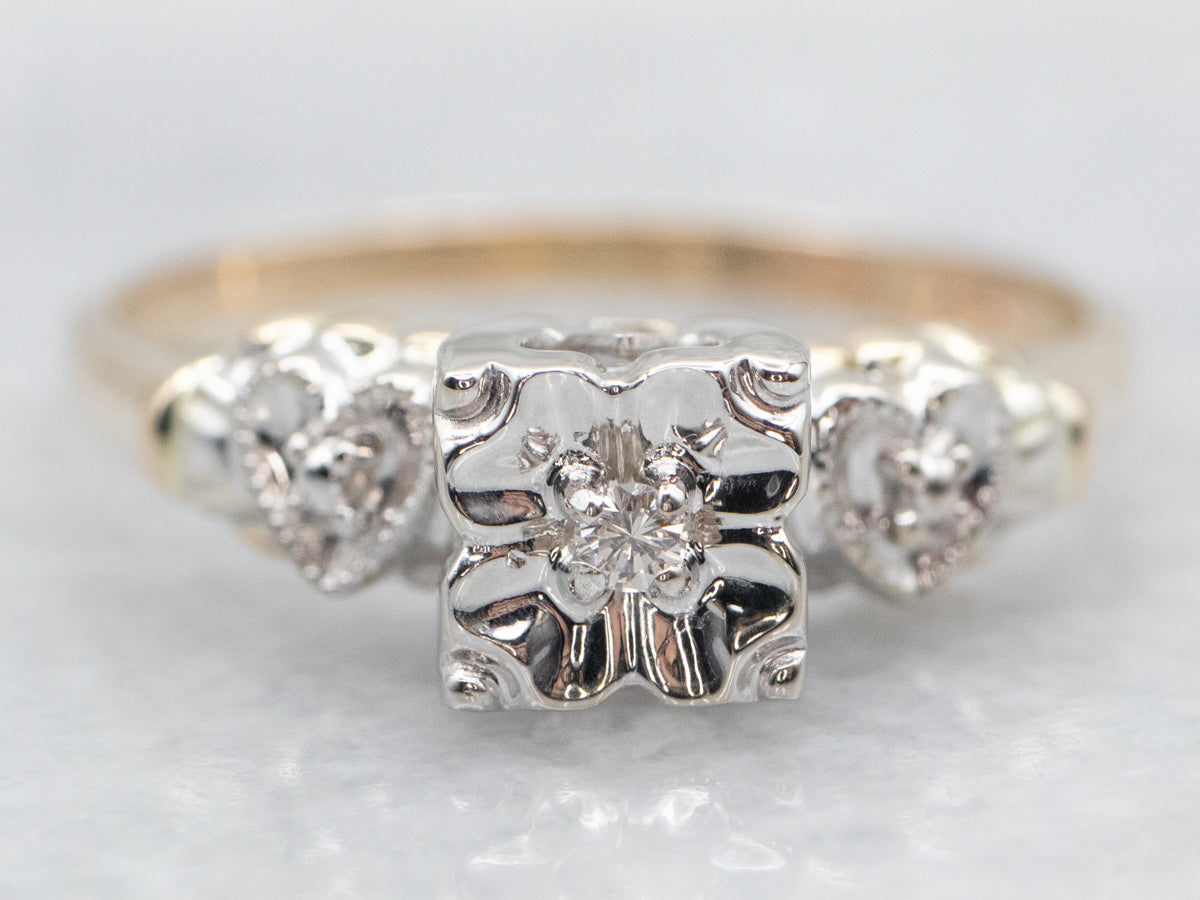 Retro Diamond Engagement Ring with Hearts on Shoulders