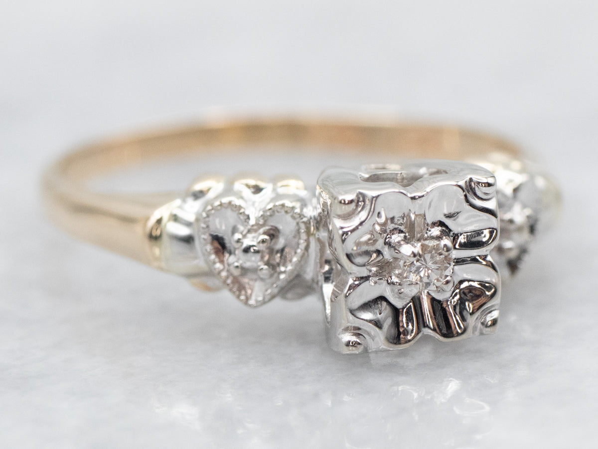 Retro Diamond Engagement Ring with Hearts on Shoulders