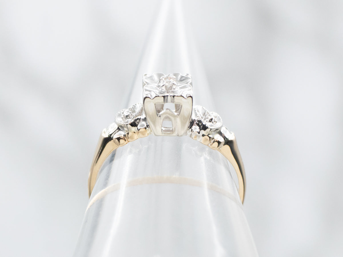 Retro Diamond Engagement Ring with Hearts on Shoulders