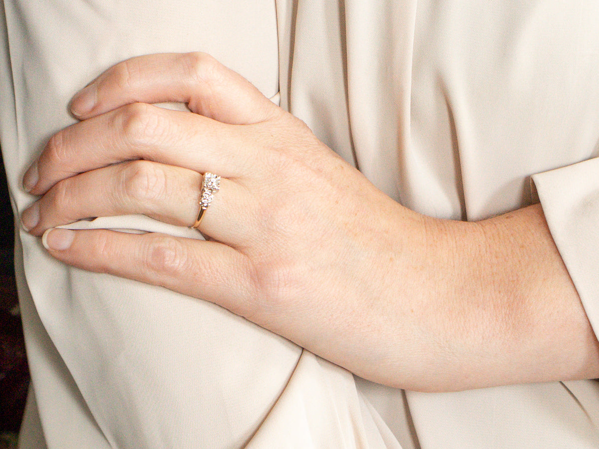 Retro Diamond Engagement Ring with Hearts on Shoulders