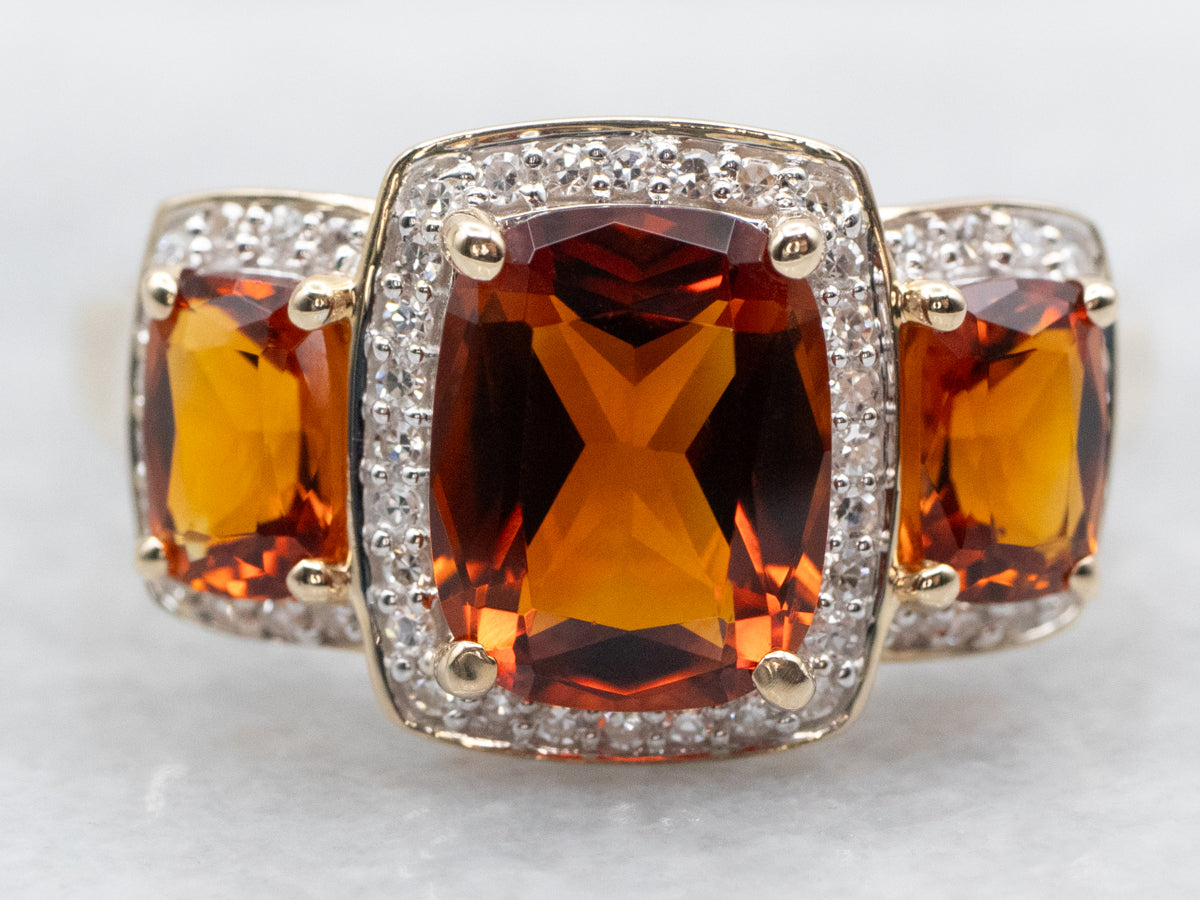 Modern Citrine Gemstone Ring with Diamond Halo