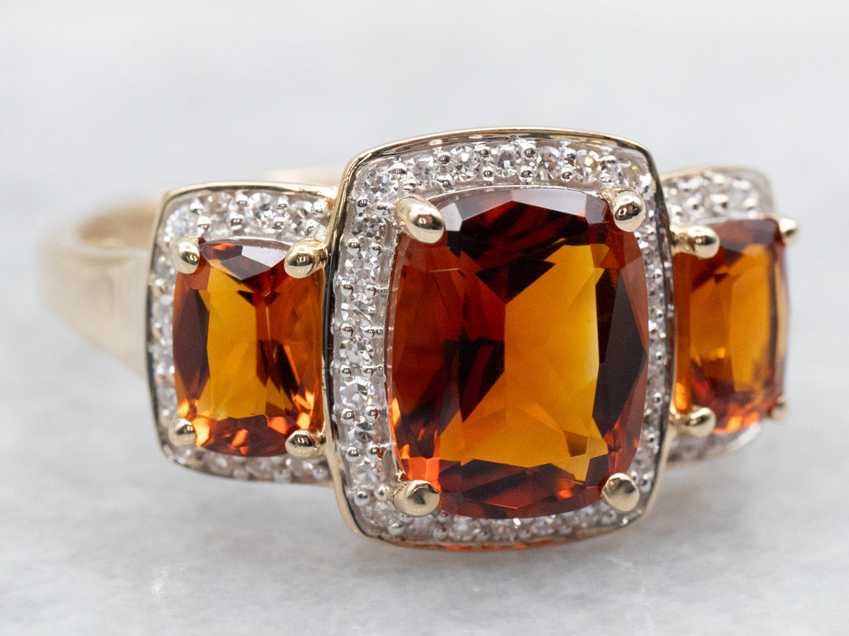 Modern Citrine Gemstone Ring with Diamond Halo