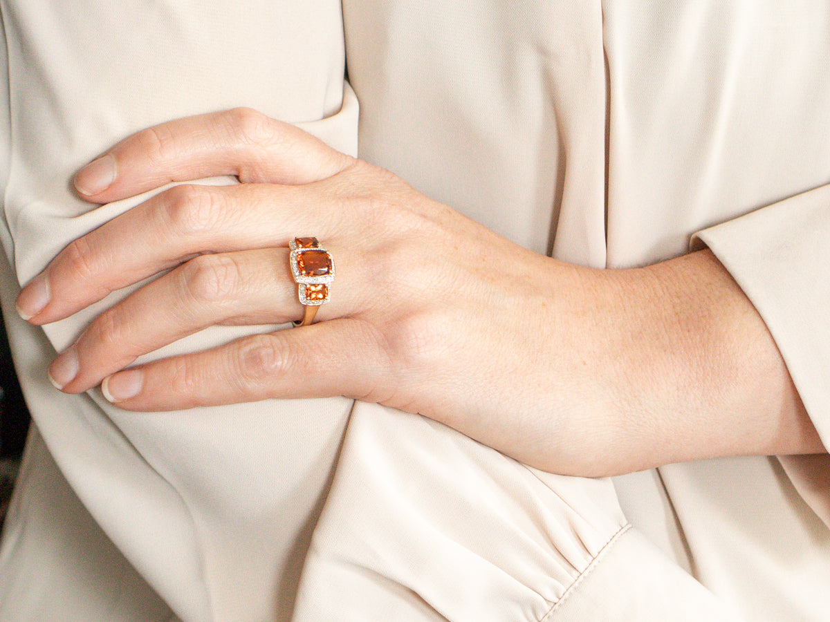 Modern Citrine Gemstone Ring with Diamond Halo