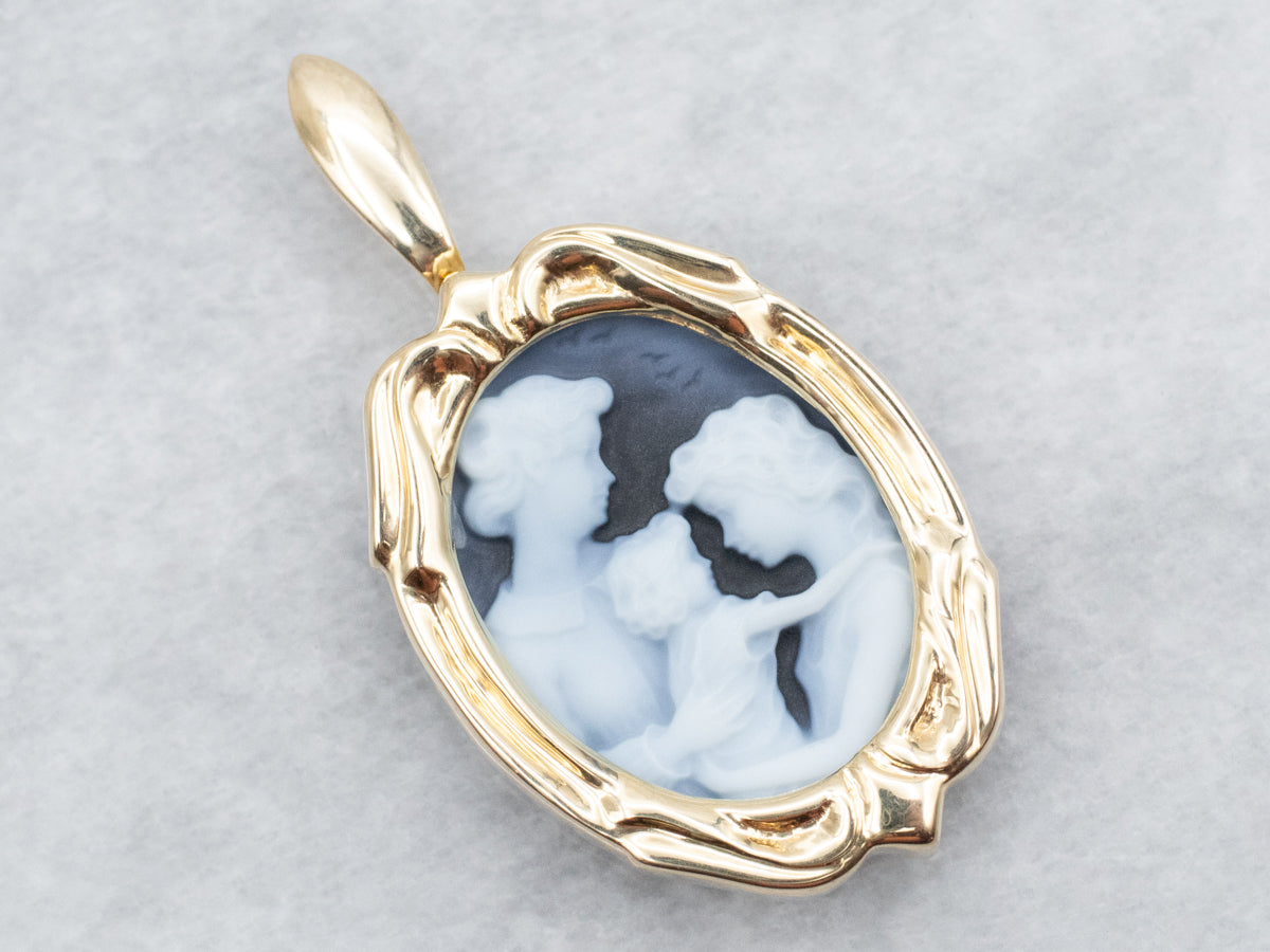 Beautiful Mother and Children Black and White Onyx Cameo in Fine Gold Frame