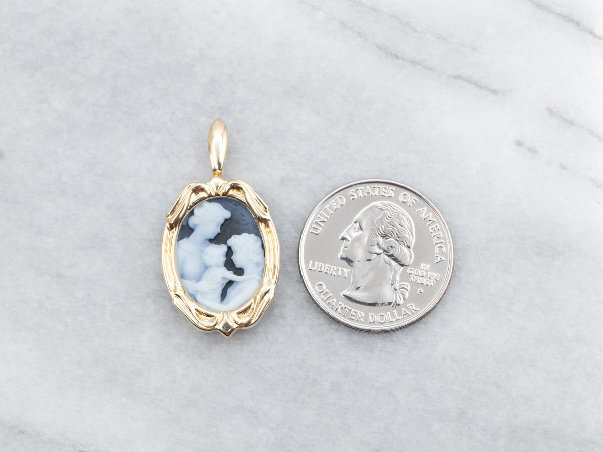 Beautiful Mother and Children Black and White Onyx Cameo in Fine Gold Frame