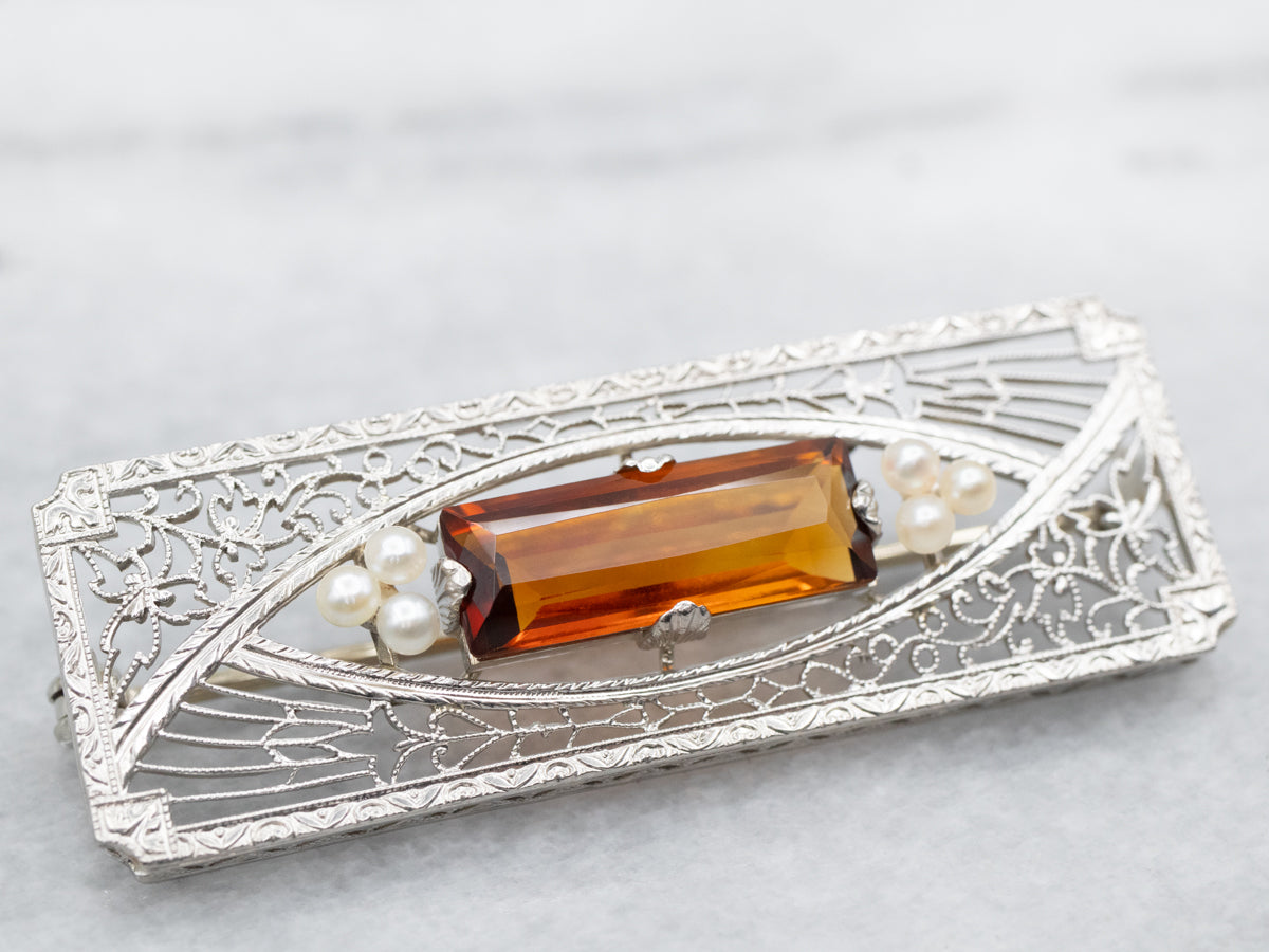 Art Deco Citrine and Seed Pearl Filigree Brooch