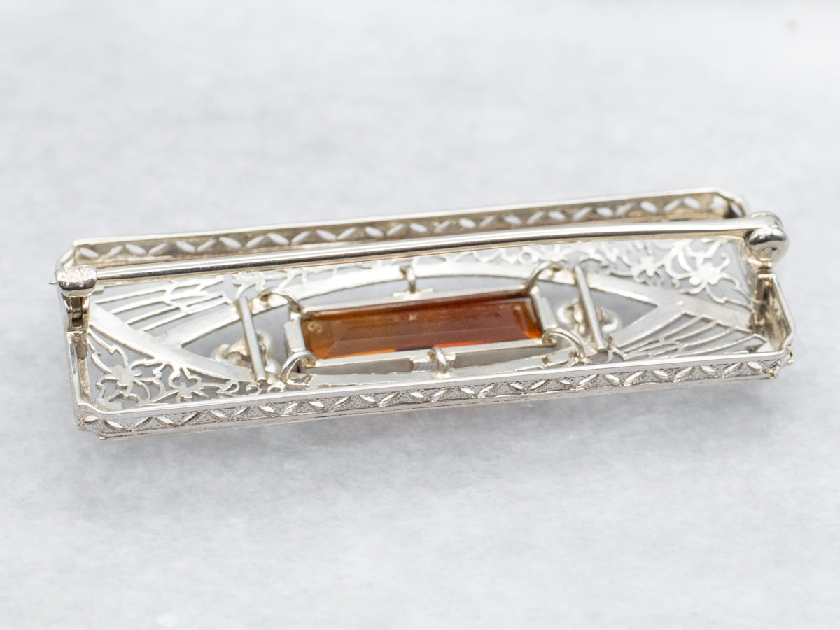 Art Deco Citrine and Seed Pearl Filigree Brooch