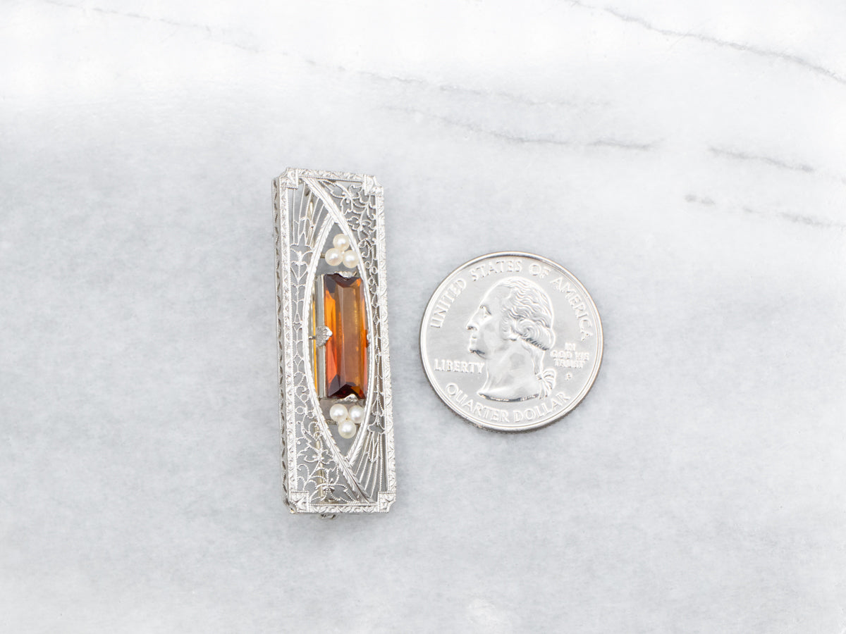 Art Deco Citrine and Seed Pearl Filigree Brooch