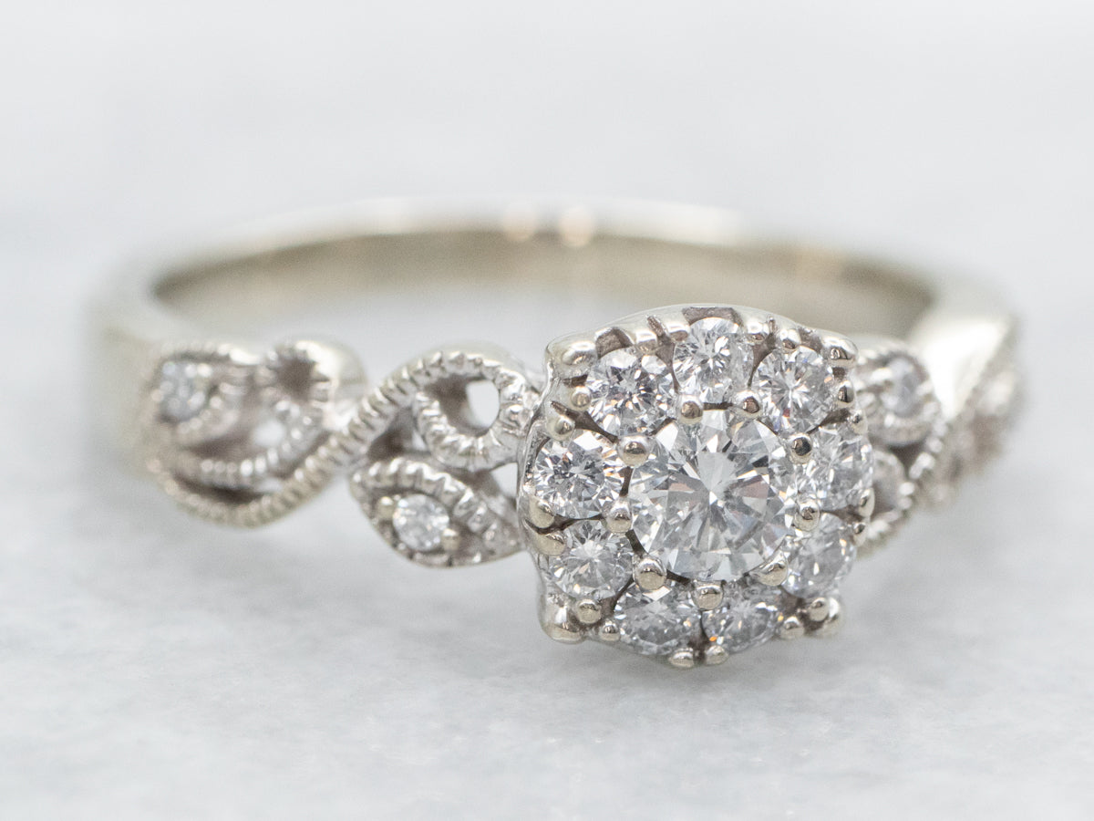 White Gold Diamond Engagement Ring with Scrolling Shoulders