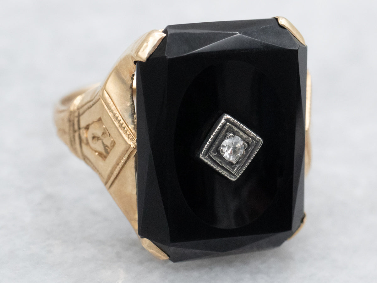 Two Tone Black Onyx Ring with Diamond Accent