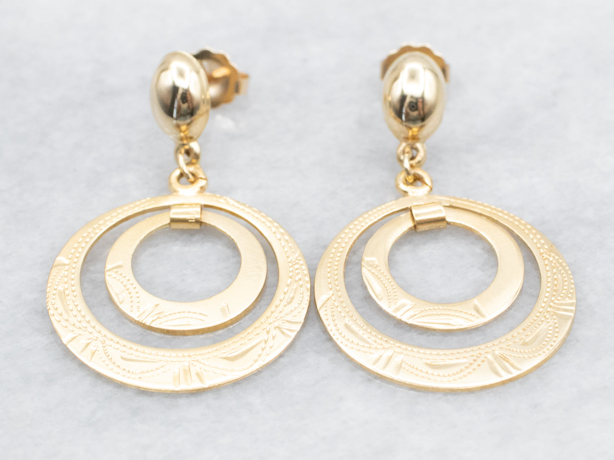 Etched Gold Circle Drop Earrings