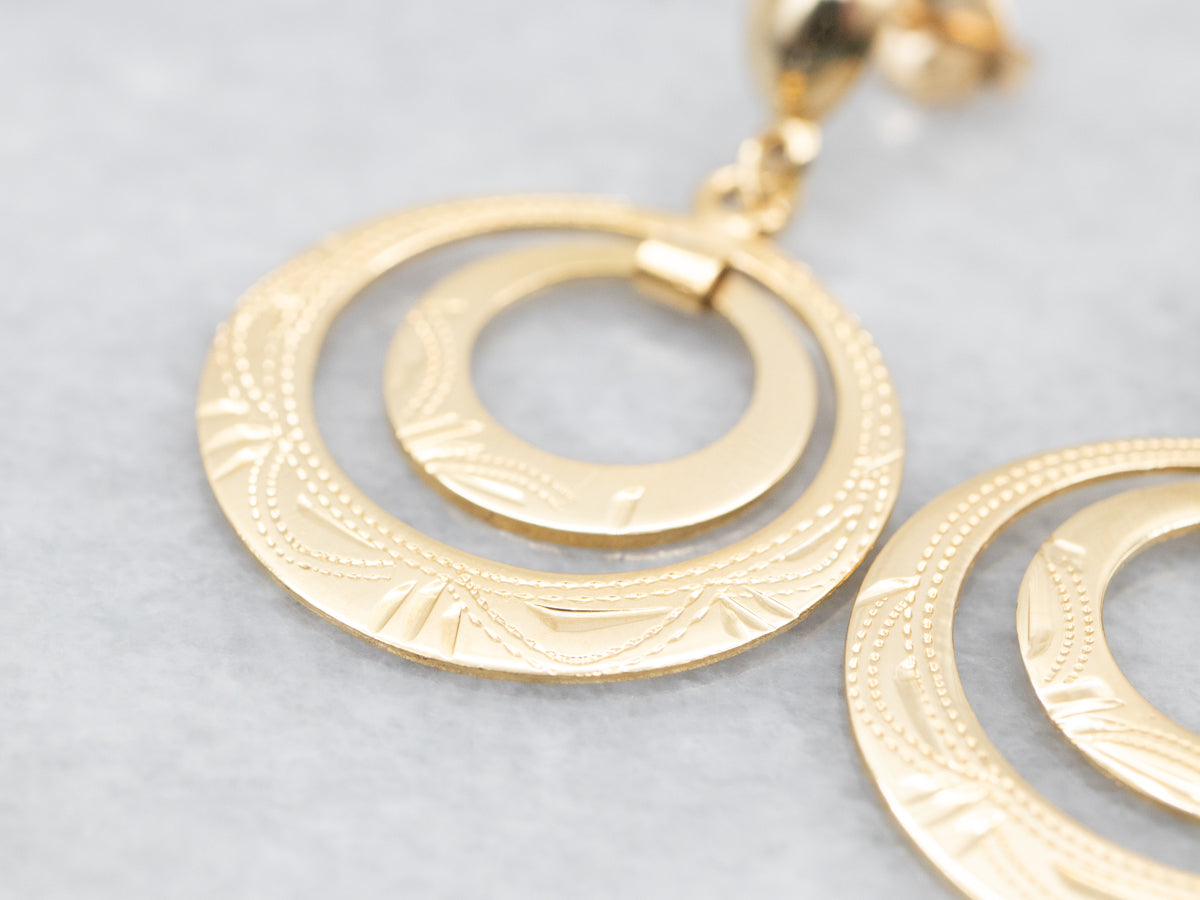 Etched Gold Circle Drop Earrings