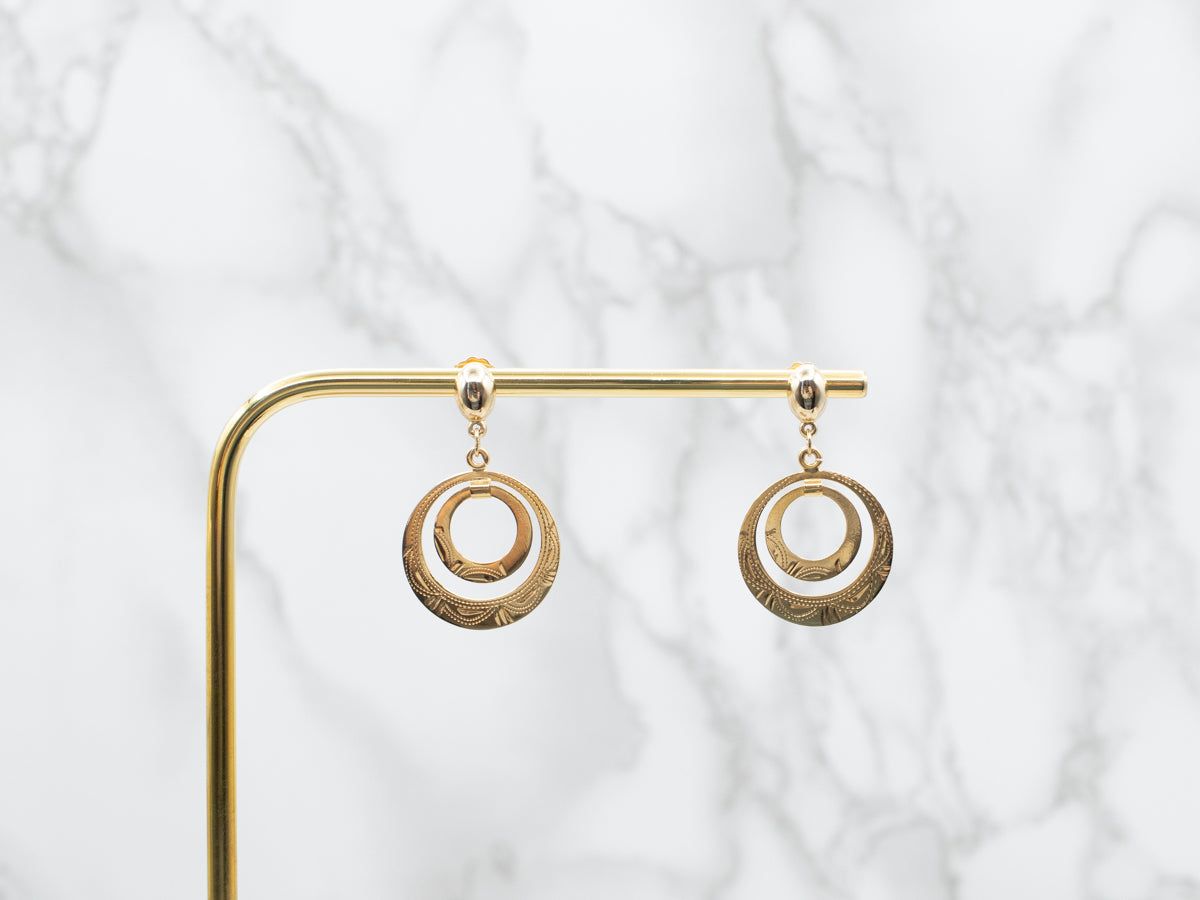 Etched Gold Circle Drop Earrings