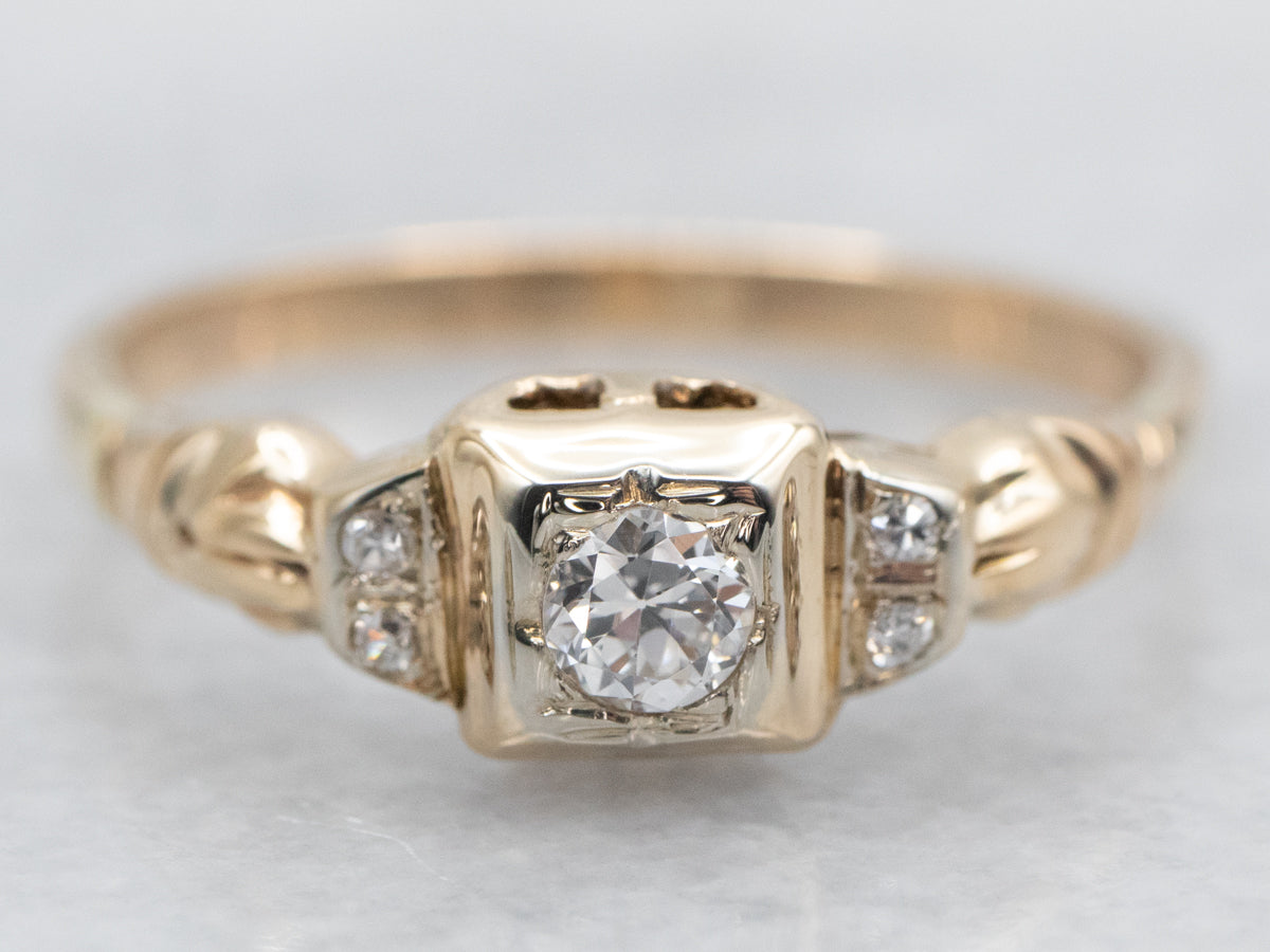 Yellow Gold European Cut Diamond Engagement Ring with Diamond Accents