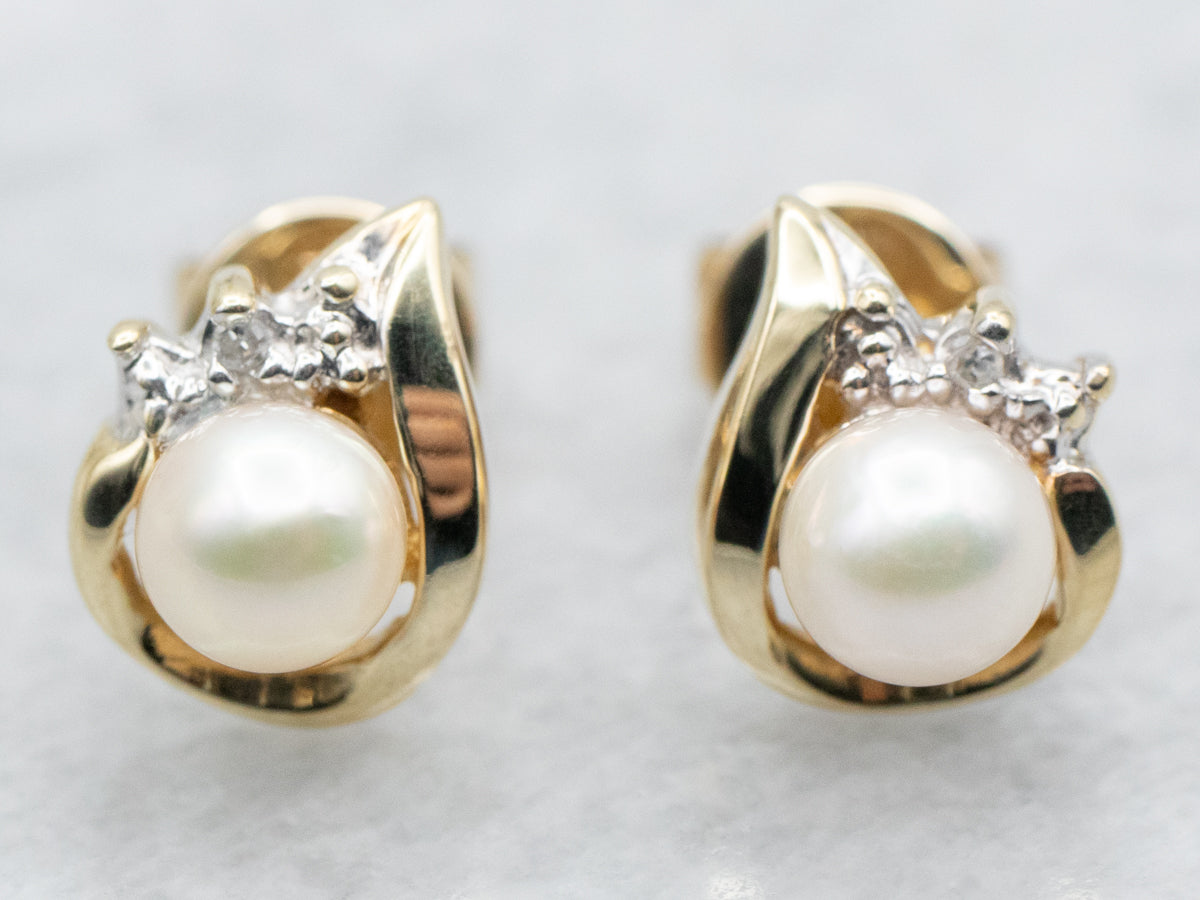 Saltwater Pearl and Diamond Stud Earrings