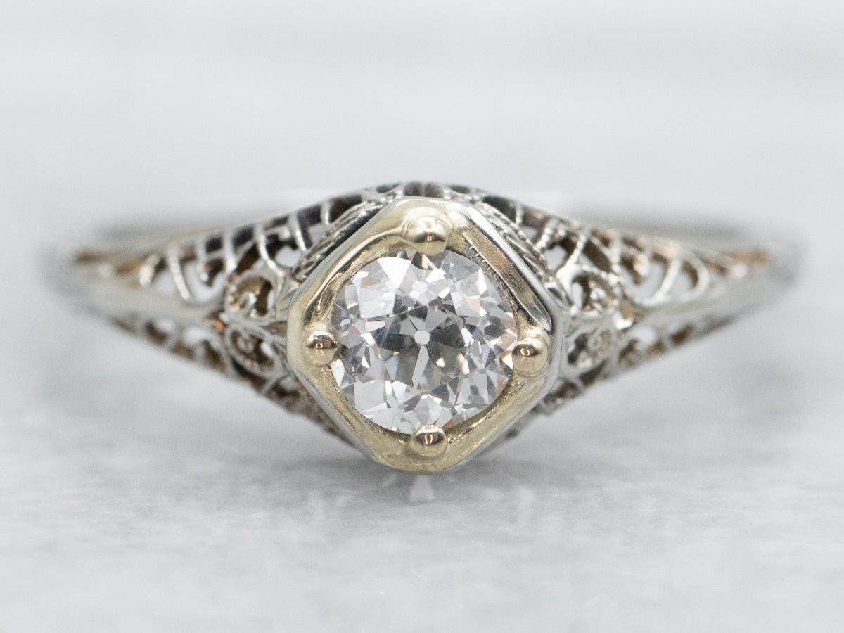 Art Deco Old Mine Cut Diamond Solitaire Engagement Ring