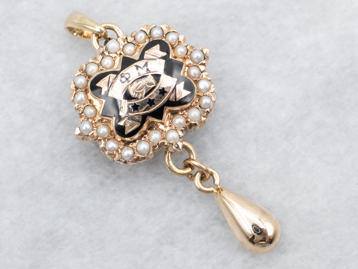 1960s Phi Mu Sorority Seed Pearl and Black Enamel Lavalier Pendant or Pin