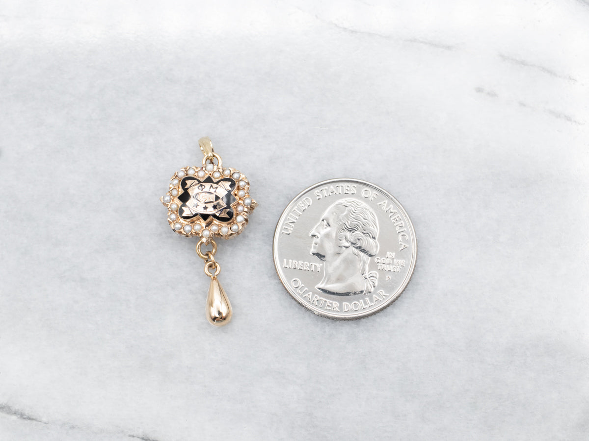 1960s Phi Mu Sorority Seed Pearl and Black Enamel Lavalier Pendant or Pin