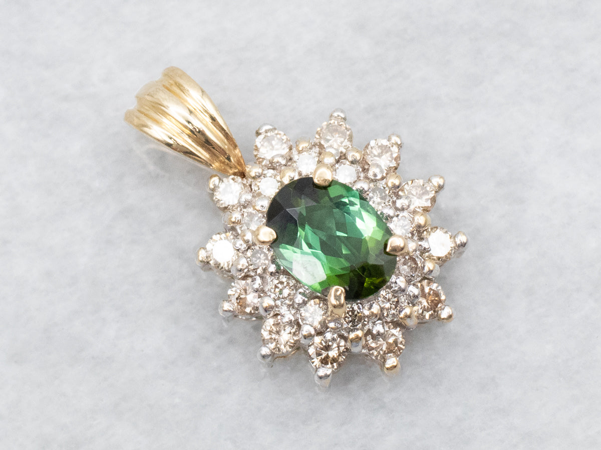 Green Tourmaline Diamond Halo Pendant