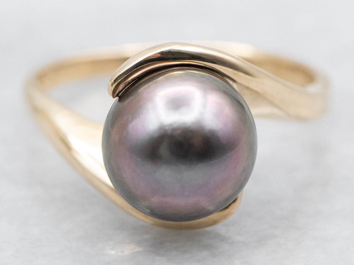 Back Pearl and Gold Bypass Ring