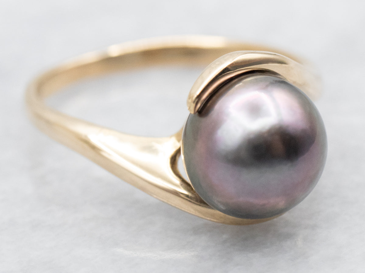 Back Pearl and Gold Bypass Ring