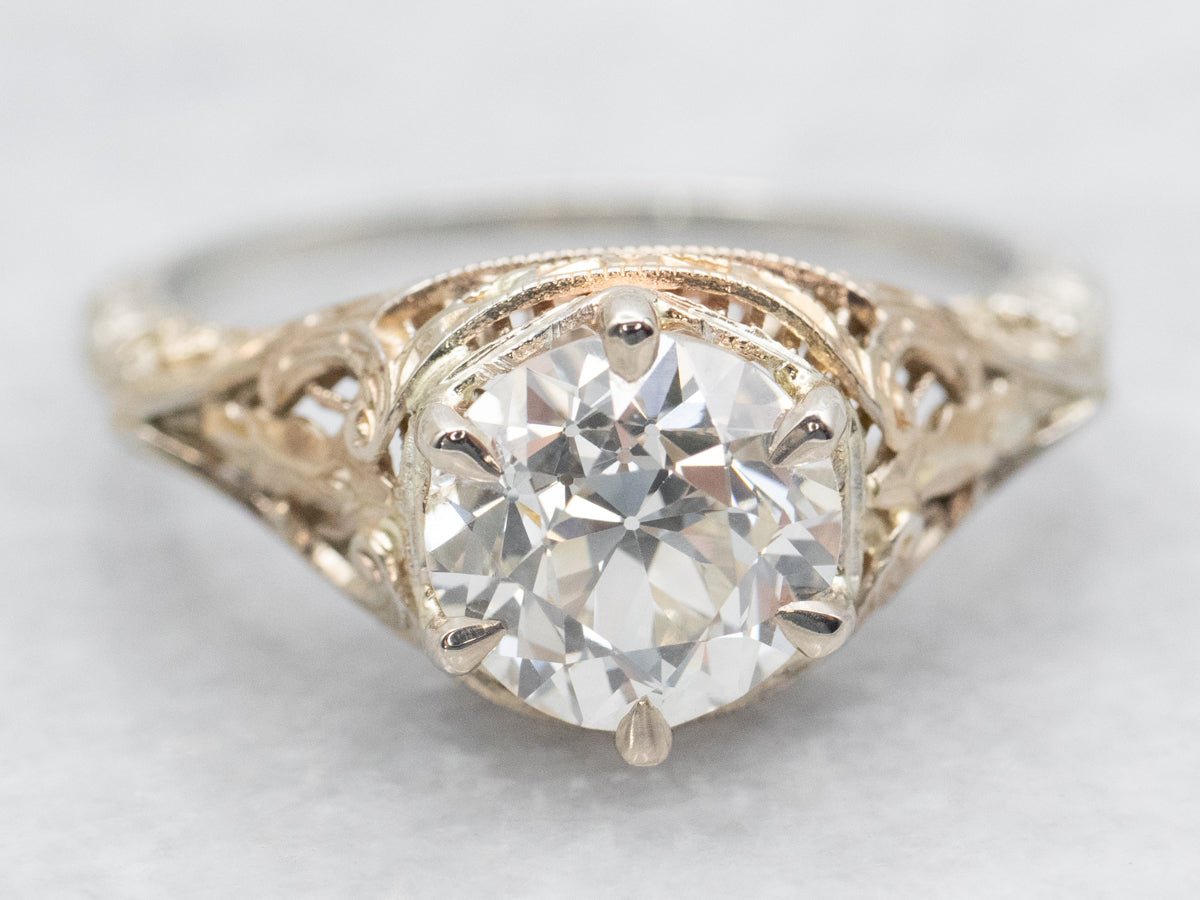 Art Deco European Cut Diamond Solitaire Engagement Ring