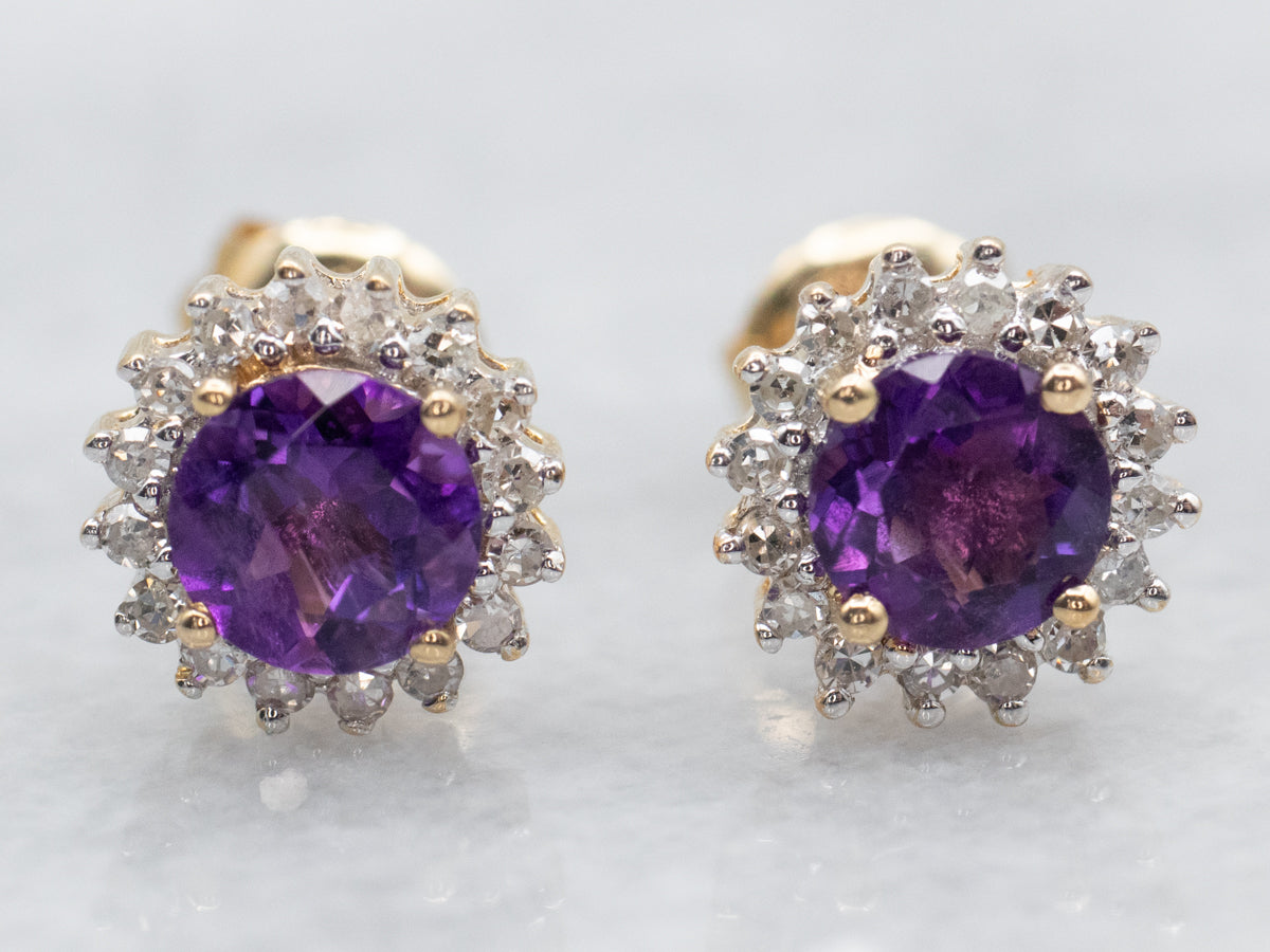 Amethyst and Diamond Halo Stud Earrings