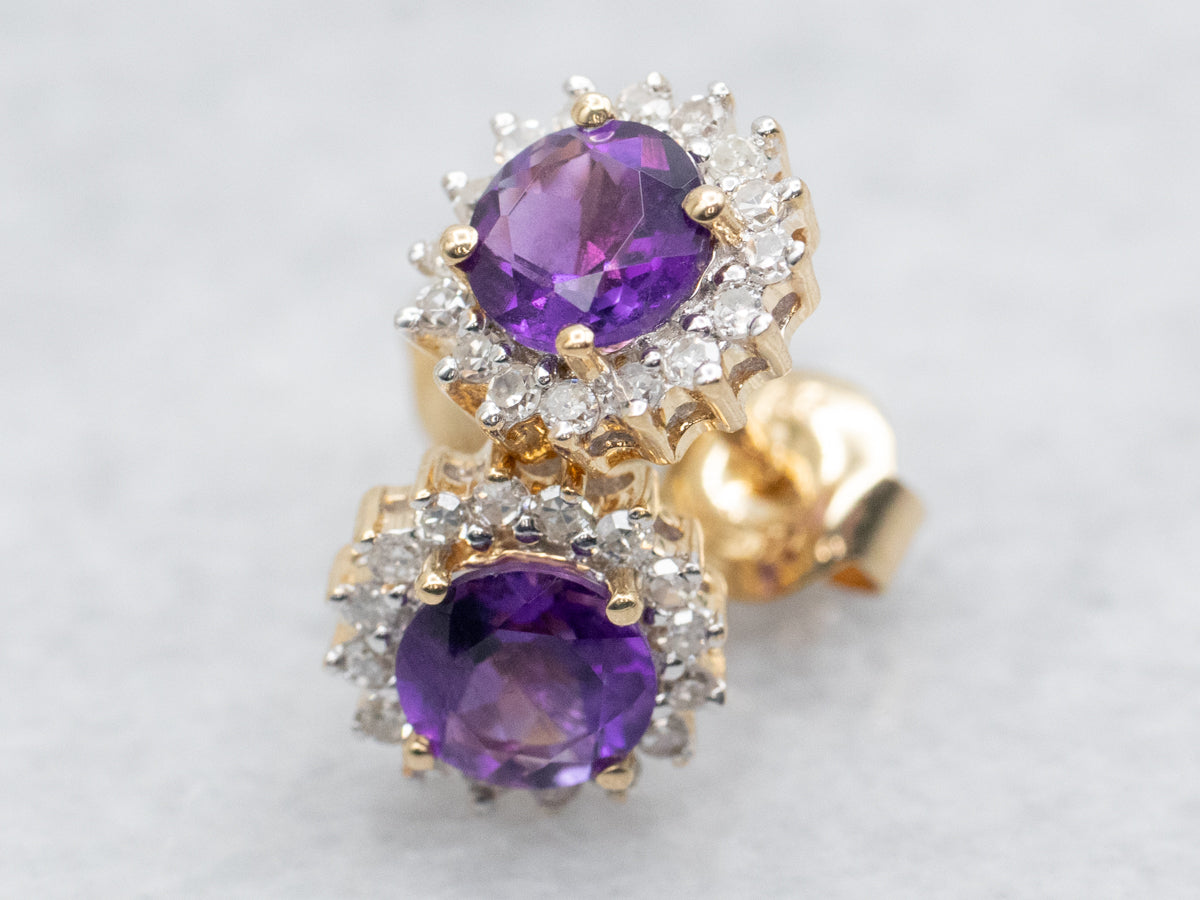 Amethyst and Diamond Halo Stud Earrings