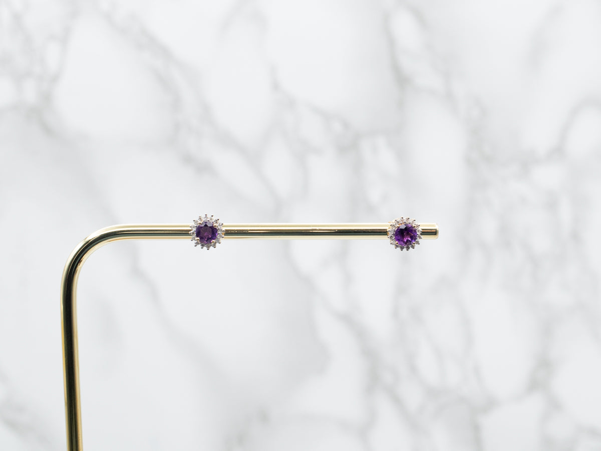 Amethyst and Diamond Halo Stud Earrings