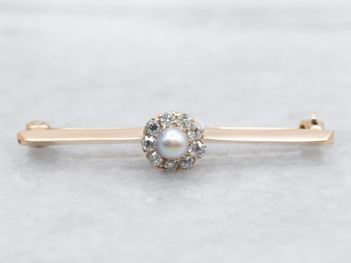 Pearl and Diamond Halo Bar Brooch