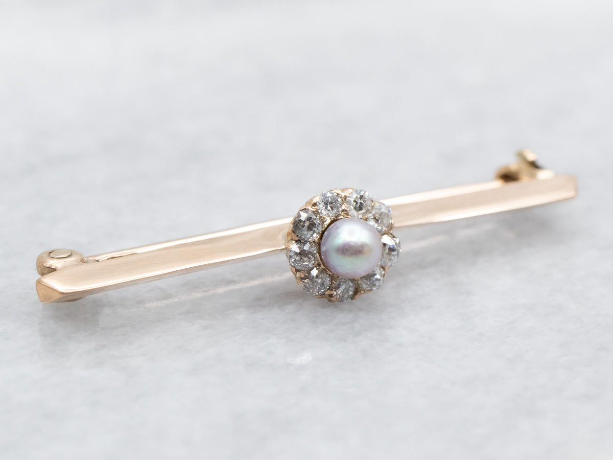 Pearl and Diamond Halo Bar Brooch